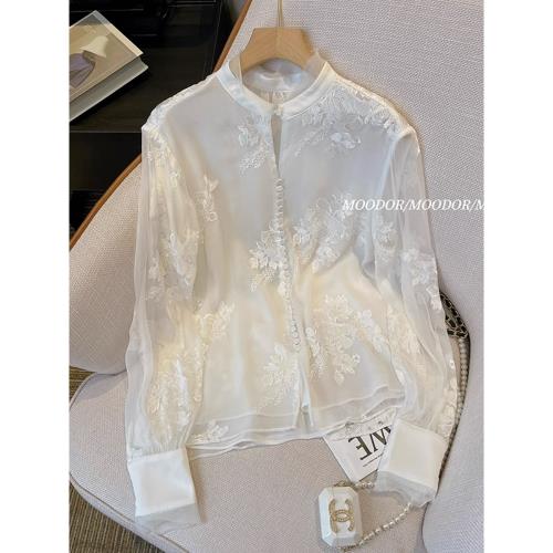 新中式白色內搭重工刺繡立領襯衫女高端年輕唐裝仙女改良國風上衣
