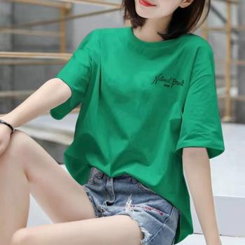 綠色純棉短袖t恤女夏季款韓版寬松顯瘦體恤歐貨時尚字母印花上衣