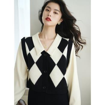 假兩件上衣菱格女士針織衫春季韓版復古Polo領時尚百搭設計感毛衣