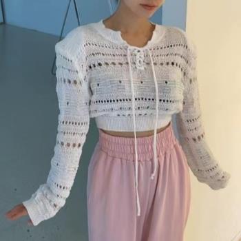 韓國東大門2023新款女士甜美鏤空系帶高腰短款長袖薄款針織衫上衣