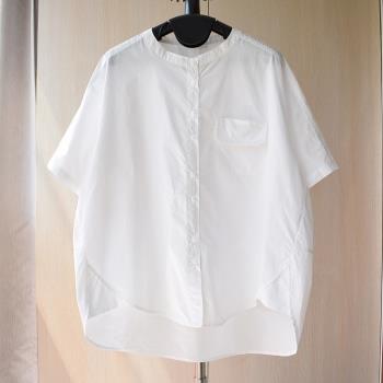 韓版簡約時尚翻邊小口袋前短后長立領短袖白襯衫夏季寬松純棉襯衣