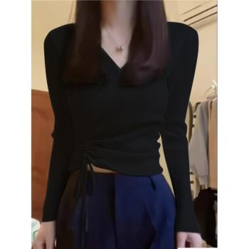 秋季白色交叉v領針織衫女辣妹內搭打底毛衣羊毛衫高階感軟糯上衣