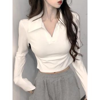 純欲風修身短款polo領上衣女秋季美式長袖t恤2023新款白色打底衫
