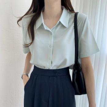 韓國chic夏季新款簡約純色法式小眾高級感翻領短袖雪紡襯衫上衣女