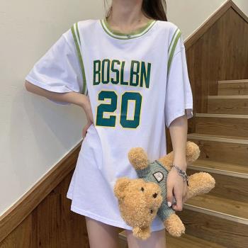 運動藍球服女夏韓版寬松原宿bf風假兩件球衣短袖t恤半袖上衣ins潮