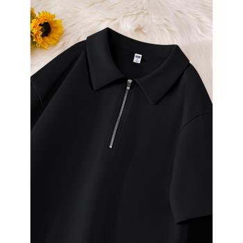 日系純色半拉鏈polo衫女夏季純棉黑色短袖t恤設計感小眾翻領上衣