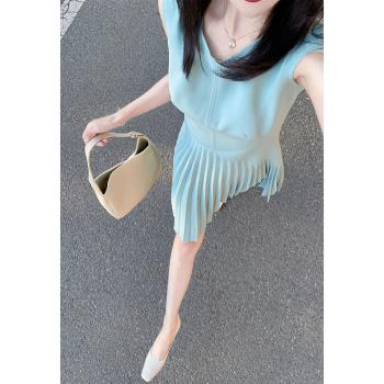 法式高級感獨特超好看修身顯瘦高端精致氣質藍色無袖連衣裙女夏季