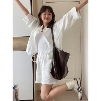 白色棉麻襯衫套裝女夏裝韓版休閑小個子長袖亞麻防曬衣短褲兩件套