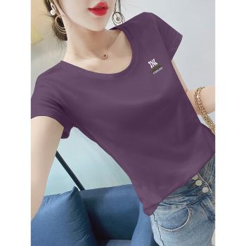 正肩紫色t恤女短袖夏季2024新款設計感小眾百搭修身顯瘦基礎上衣