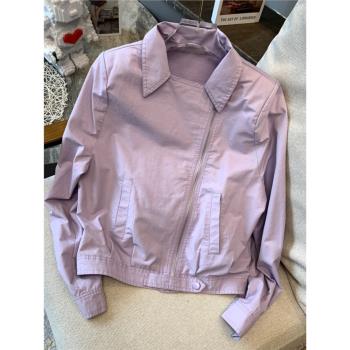 翻領夾克紫色女士外套拉鏈休閑開衫機車服春秋季薄款白色2023上衣