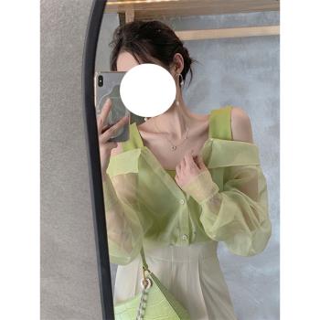 防曬綠色背心拼接假兩件襯衫女小個子夏設計感小眾長袖網紗上衣