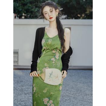 連衣裙新中式女裝黑色小坎肩穿搭綠色吊帶甜辣裙子兩件套復古裙裝