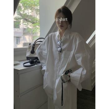 春秋慵懶風上衣韓版白色寬松oversize襯衣女氣質高級感中長款襯衫