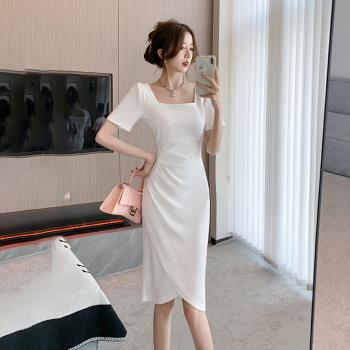 白色方領連衣裙女夏季法式優雅氣質名媛修身顯瘦高級感宴會禮服裙