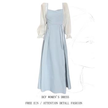 大碼微胖mm設計感交叉綁帶藍色吊帶連衣裙女夏白色防曬開衫兩件套