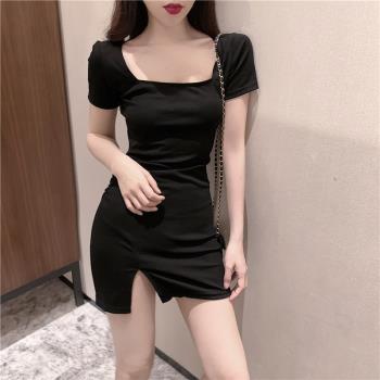 黑色開叉連衣裙女春季2024新款法式高級感包臀短裙性感氣質小黑裙