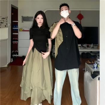 新中式情侶裝夏裝一裙一衣拼接短袖襯衫國風復古半身連衣裙兩件套