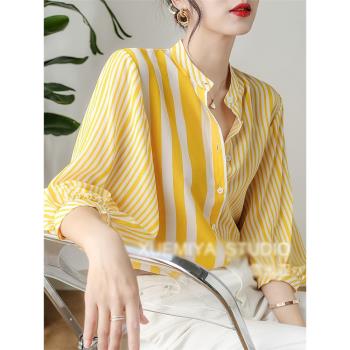 黃色條紋襯衫女七分袖春季2024新款洋氣立領襯衣高級感泡泡袖上衣