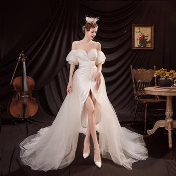 公主新娘法式一字肩可拆卸輕婚紗