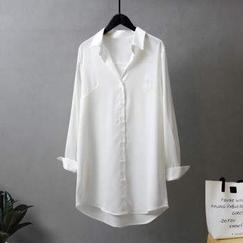 雪紡白襯衫女長袖2023秋季新款設計感寬松垂感氣質中長款襯衣外套