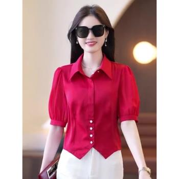 紅色短袖緞面襯衫女小眾獨特短款上衣夏季時尚洋氣泡泡袖雪紡襯衣