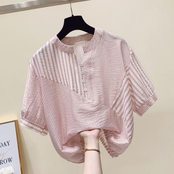 粉色條紋襯衫女夏2023新款立領短款設計感通勤簡約休閑小個子上衣