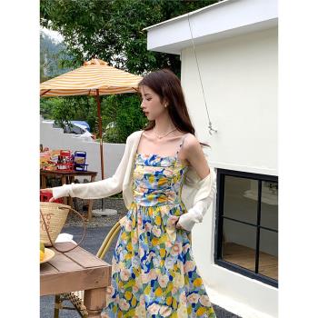 liyu李魚魚 油畫連衣裙女2023夏薄款洋氣吊帶法式韓版慵懶風長裙