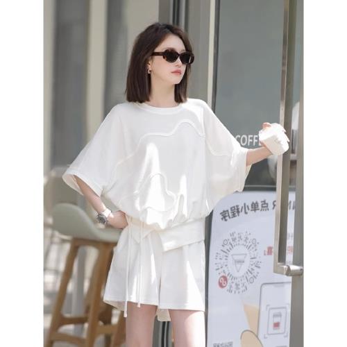 高級感歐貨時尚休閑運動服套裝女夏季白色衛衣短褲兩件套洋氣減齡