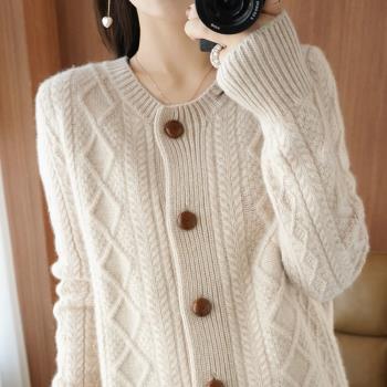 復古慵懶風100%純羊毛針織開衫秋冬季新款短款毛衣外套加厚上衣女