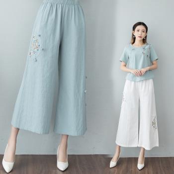 2024春夏新款民族風刺繡棉麻休閑褲復古盤扣闊腿褲百搭九分褲女