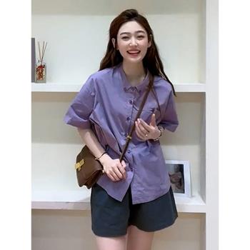紫色短袖襯衫女夏款法式高級感小眾獨特別致設計polo領上衣2023年