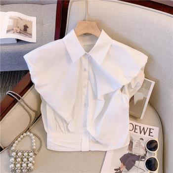 法式白色POLO領無袖襯衫女夏季設計感小眾短款坎肩襯衣小飛袖上衣