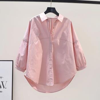 粉色襯衫女夏季2023新款文藝范寬松設計感通勤簡約慵懶風襯衣上衣