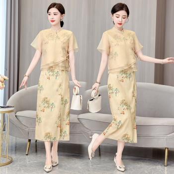 新中式古風漢服旗袍連衣裙套裝女大碼國風盤扣上衣半身裙兩件套夏