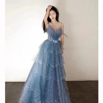 藍色在逃公主系列藝考晚禮服夏季新款重工吊帶主持人成人禮禮服