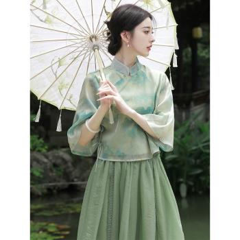 改良旗袍茶藝師服裝中國風夏季新中式連衣裙茶服漢服唐裝綠色套裝