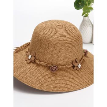帽子女夏天草帽韓版百搭出游遮陽帽花朵海邊沙灘太陽防曬折疊涼帽