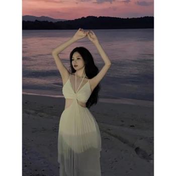 海邊露背不規則長裙法式掛脖連衣裙泰國旅游度假拍照超仙女沙灘裙