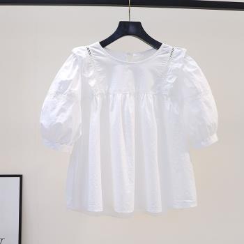 娃娃衫上衣女夏2023新款法式減齡洋氣小清新甜美純棉白色短袖襯衫