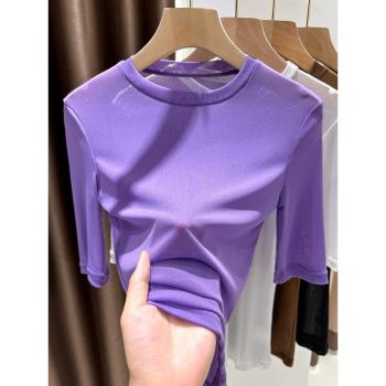 紫色冰絲網紗短袖t恤女夏季吊帶裙打底內搭性感透視中袖蕾絲上衣