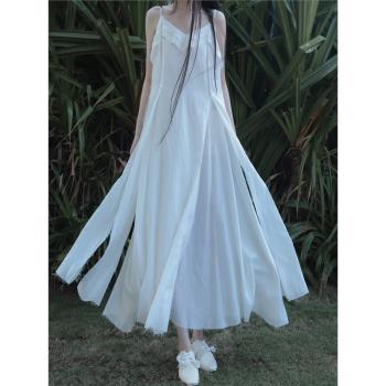 白色仙氣飄逸連衣裙女夏季海邊度假長裙新中式復古氣質禪意吊帶裙