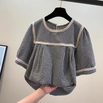 娃娃衫上衣女夏2023新款設計感小個子減齡蕾絲純棉格子襯衫雪紡衫