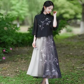 春夏新中式國風竹林水墨印花改良漢元素寬松淑女上衣半身裙套裝