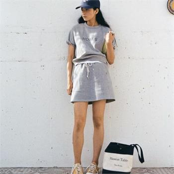 韓國小眾 HOWUS 字母刺繡休閑運動短袖衛衣+半身裙褲套裝