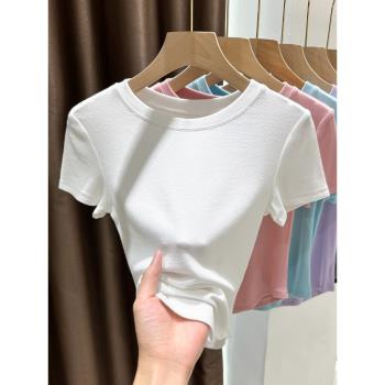 針織短袖t恤女小眾弧形內搭夏季螺紋高彈打底衫設計感莫代爾上衣