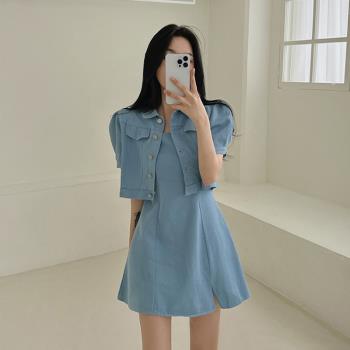 韓國chic夏季減齡復古小眾氣質設計感吊帶連衣裙+夾克上衣外套女