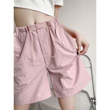 粉色工裝短褲女夏季薄款高腰休閑闊腿五分褲小個子速干美式運動褲