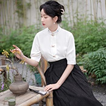 新中式國風襯衫通勤黑色馬面裙上衣改良漢服日常襯衣套裝兩件套