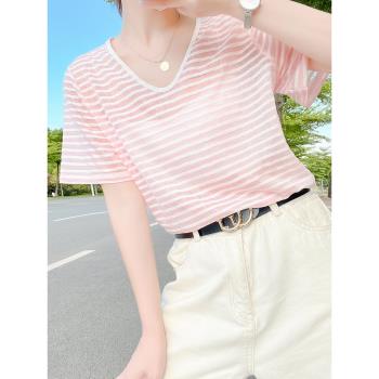 女夏季薄款寬松條紋半袖透視t恤