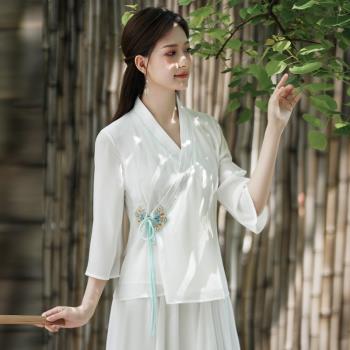 夏季新款中國風禪意女裝漢元素交領七分袖中式上衣復古禪修茶服